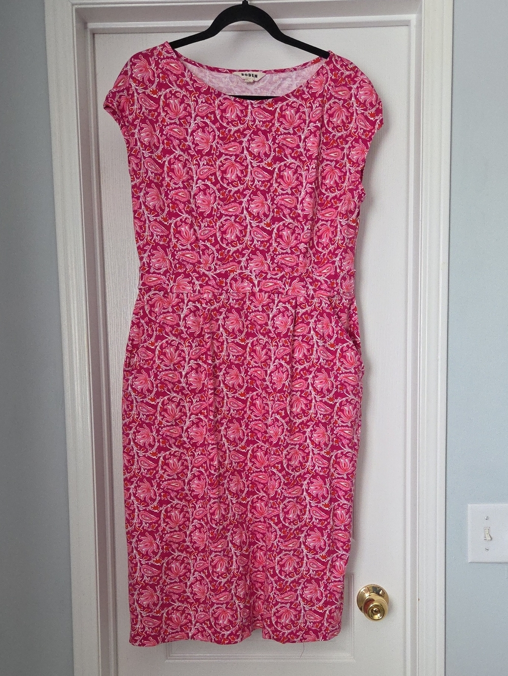 Boden 100% Cotton Pink Paisley Floral Midi Dress w Pockets